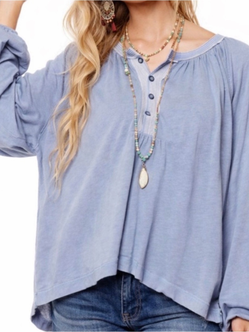 #1029 WE THE FREE Acadia Light Blue Faded Out Henley Peasant Top